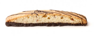 A piece of biscotti with a chocolate layer. A piece of biscotti with a chocolate layer.