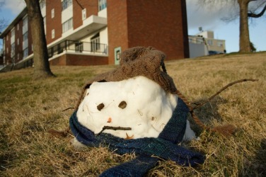 Warm weather has caused a decrease in this snowmans size. Warm weather has caused a decrease in this snowmans size.
