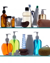 Toiletries on bathroom shelves. Toiletries on bathroom shelves.