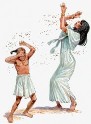 A pestilence of flies surrounding an Egyptian woman and child. A pestilence of flies surrounding an Egyptian woman and child.