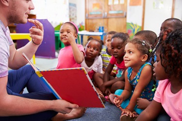 A teacher reading a story to a group of preschool students. A teacher reading a story to a group of preschool students.