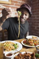 He is a regular at his favorite Chinese restaurant. He is a regular at his favorite Chinese restaurant.