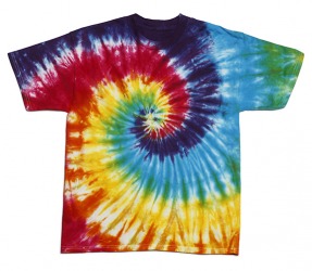 The tie dye shirt has a psychedelic pattern and colors. The tie dye shirt has a psychedelic pattern and colors.