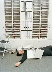 He was pummeled by the files when he fell off of the step stool. He was pummeled by the files when he fell off of the step stool.
