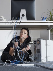 She could not figure out how to connect the ravel of computer cords. She could not figure out how to connect the ravel of computer cords.