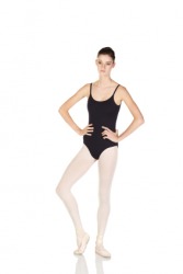 A woman wearing a black bodysuit with tights. A woman wearing a black bodysuit with tights.