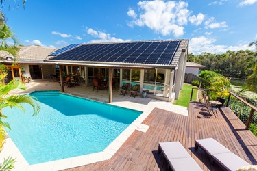 To heat the pool and power the home without relying on fossil fuel, solar panels can be installed to harness the renewable energy of the sun. To heat the pool and power the home without relying on fossil fuel, solar panels can be installed to harness the renewable energy of the sun.