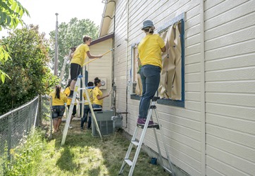 As restitution for spray painting the school's wall, Sam was ordered by the juvenile court to work with a volunteer group repainting a needy family's house. As restitution for spray painting the school's wall, Sam was ordered by the juvenile court to work with a volunteer group repainting a needy family's house.