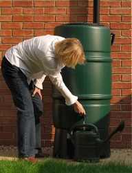 Linda collects rainwater runoff into a barrel for her garden. Linda collects rainwater runoff into a barrel for her garden.