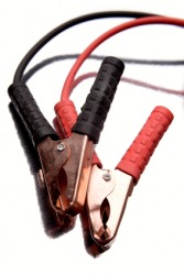 A set of jumper cables also known as booster cables. A set of jumper cables also known as booster cables.