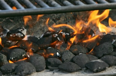 Pieces of charcoal burning in a grill. Pieces of charcoal burning in a grill.