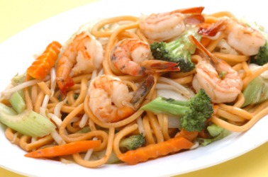 A dish of shrimp chow mein. A dish of shrimp chow mein.