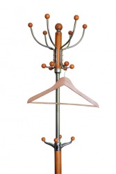 A wooden clothes hanger on an empty clothes tree. A wooden clothes hanger on an empty clothes tree.