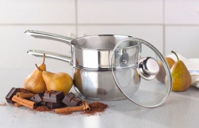 A stainless steel double boiler. A stainless steel double boiler.