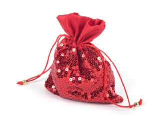 A red bag closed with a drawstring. A red bag closed with a drawstring.