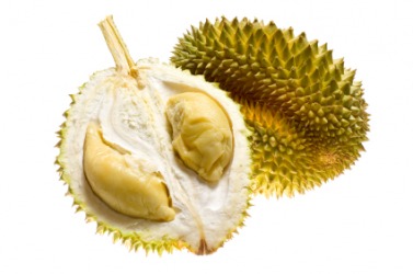 The inside and outside of a durian fruit. The inside and outside of a durian fruit.