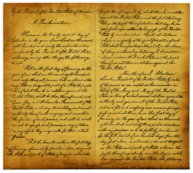 A replica of the Emancipation Proclamation. A replica of the Emancipation Proclamation.