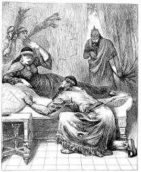An engraving depicting a scene from the biblical story of Esther. An engraving depicting a scene from the biblical story of Esther.