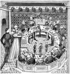 An engraving depicting King Arthur and the Knights of the Round Table. An engraving depicting King Arthur and the Knights of the Round Table.