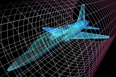 A simulation of an aircraft in wind tunnel used in the study of aerodynamics. A simulation of an aircraft in wind tunnel used in the study of aerodynamics.
