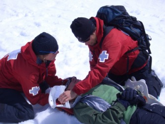 Two people administering first aid. Two people administering first aid.