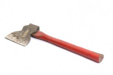 A red handled hand ax. A red handled hand ax.