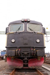 A train approaches head-on. A train approaches head-on.