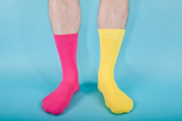 A mismatched pair of socks. A mismatched pair of socks.