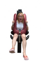 A woman wearing a harness for a roller coaster ride. A woman wearing a harness for a roller coaster ride.