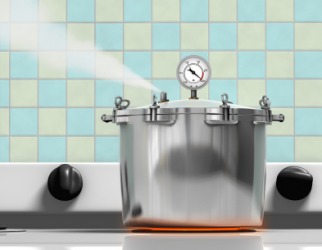 The safety valve of this pressure cooker allows steam to escape. The safety valve of this pressure cooker allows steam to escape.