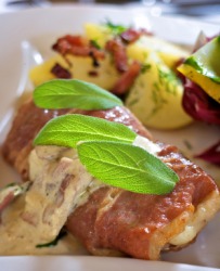 Sage garnished saltimbocca. Sage garnished saltimbocca.