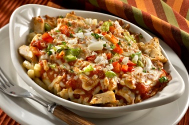 A pasta and chicken casserole. A pasta and chicken casserole.
