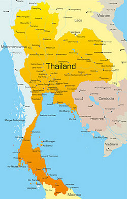close-up map highlighting Thailand