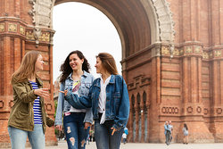 Young women walking and having fun in Barcelona Young women walking and having fun in Barcelona